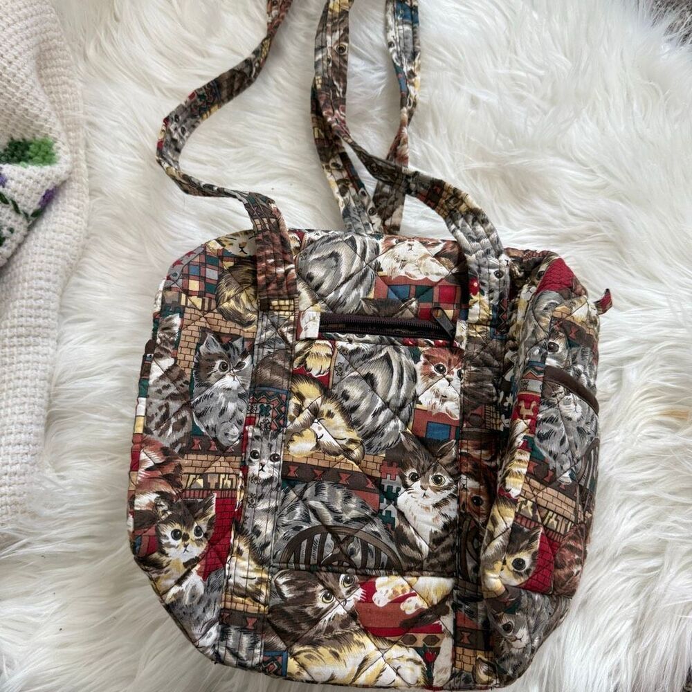 Vintage 1990s Cat Tapestry Quilted Bag Purse Tote Fabric Shoulder - Picture 4 of 8